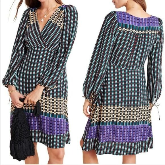 Maeve by Anthropologie Multicolor Geometric Long Sleeve Tunic Dress Size 2 - Picture 1 of 8